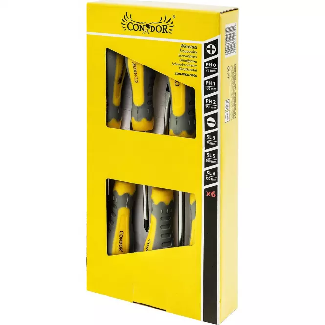 Csavarhúzók, SL3,0x75 mm, SL5x100 mm, SL6x150 mm, PH0x75 mm, PH1x100 mm, PH2x125 mm, készlet 6 db, Drel