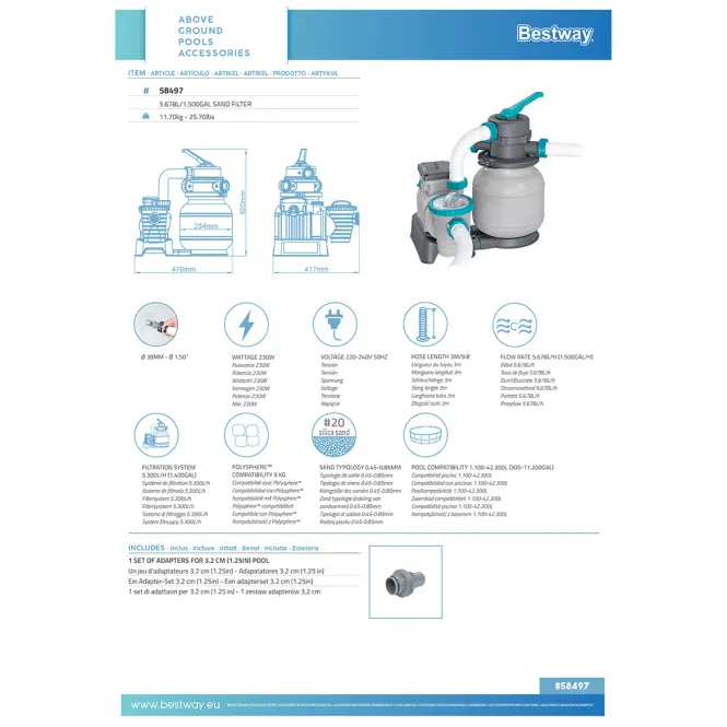 Homokszűrő Bestway 6,056l/h 58497,13