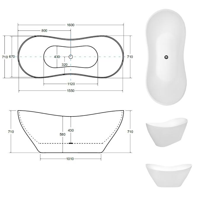 Szabadon álló kád Viya 160x70 + klik-klakk