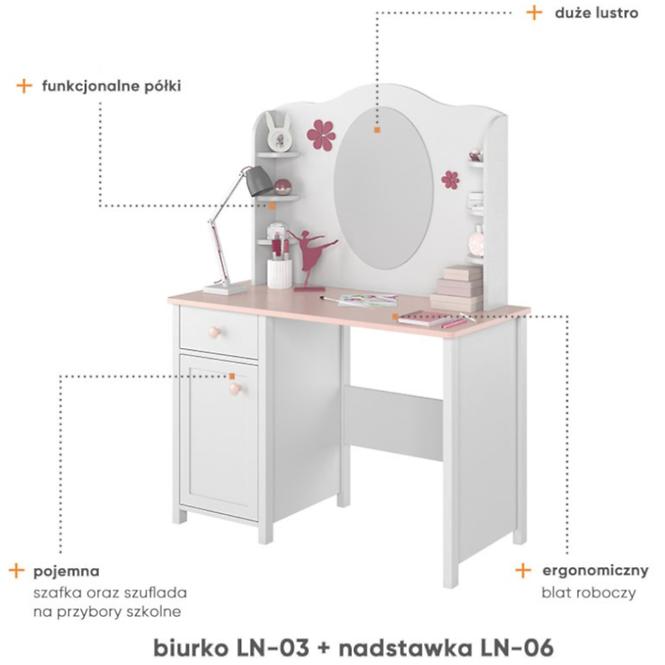 Íróasztal 1D1S Luna LN-03 fehér/rózsaszín