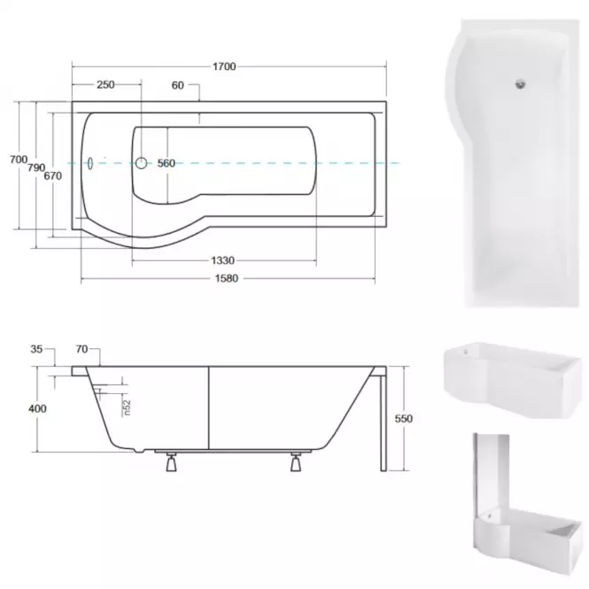 kád Inspiro 170/70  L + kádparaván