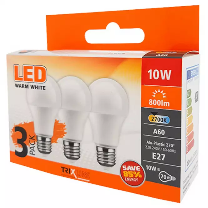 Izzó LED A60 10W E27 800LM 2700K (3-PACK),4